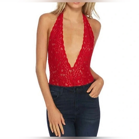 Free People Intimately Everyday Red Lace Halter Bodysuit Sz Large - Picture 9 of 13